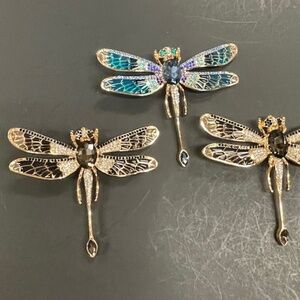 3 Extra Large Black Gold Multicolor Enamel & Rhinestone Dragonfly Brooches